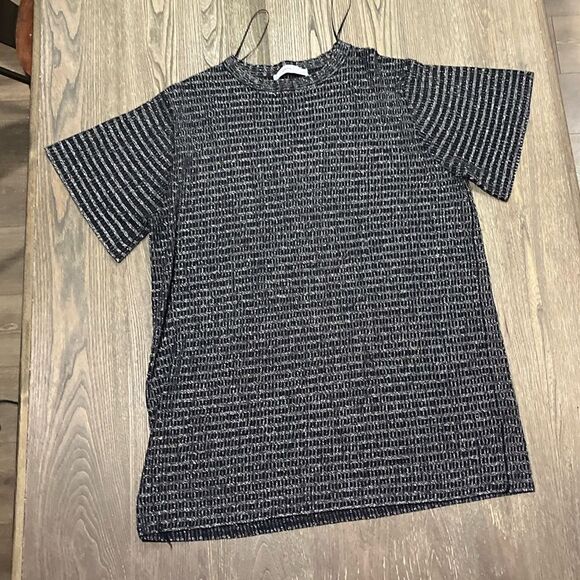 Zara Knit Sweater Top Short Sleeve Metallic Crewneck Black and Silver Large - Picture 1 of 4